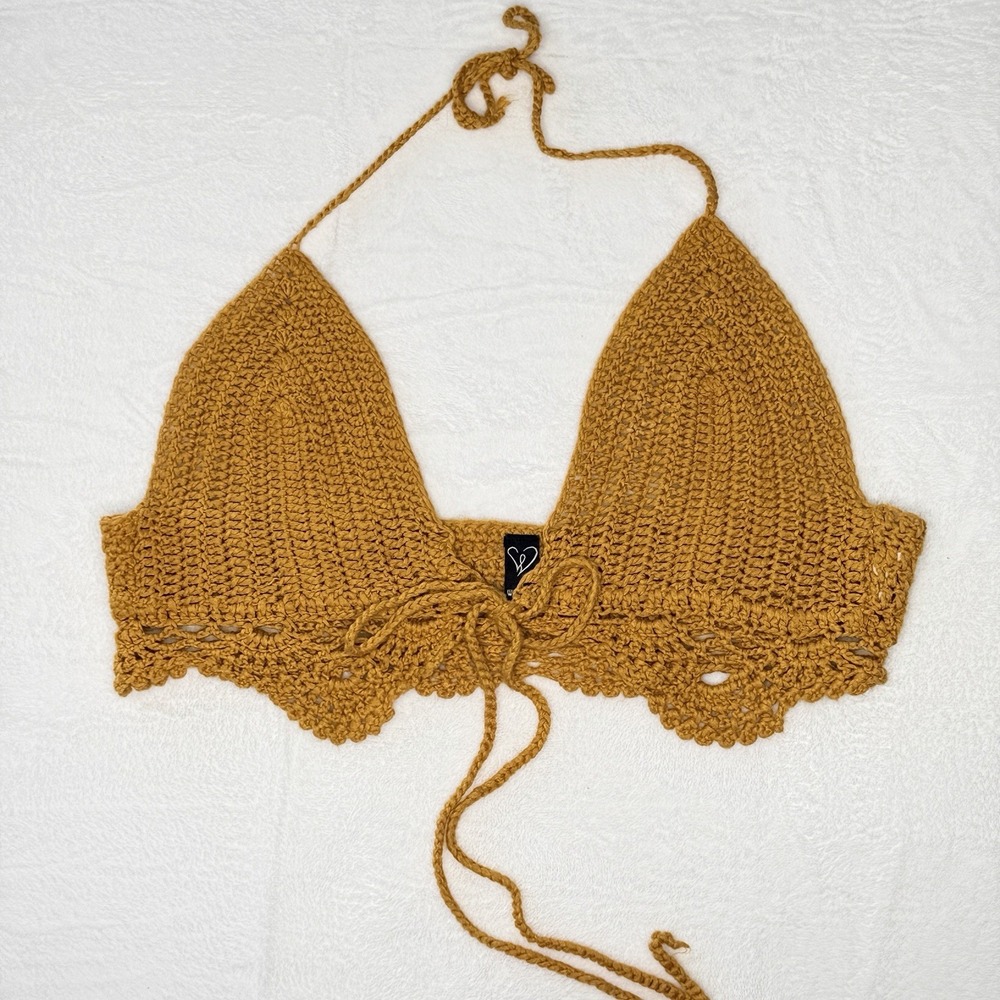Windsor Crochet Halter Bralette Top Festival Boho Coquette Fairy L Mustard
